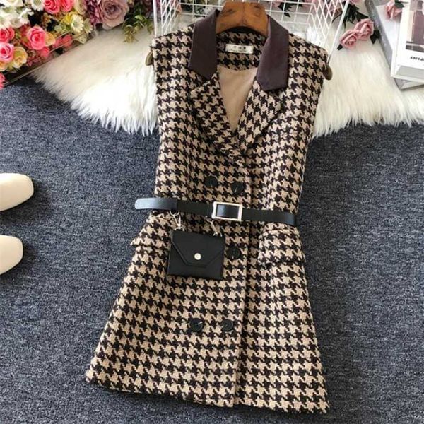 Outono inverno houndstooth colete de lã mulheres v-pescoço samll fragrância duplo colete 211220