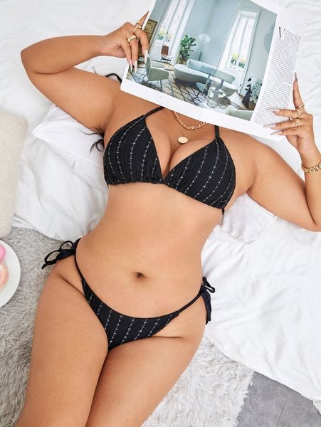 

plus halter triangle tie side bikini swimsuit j44v#, Black