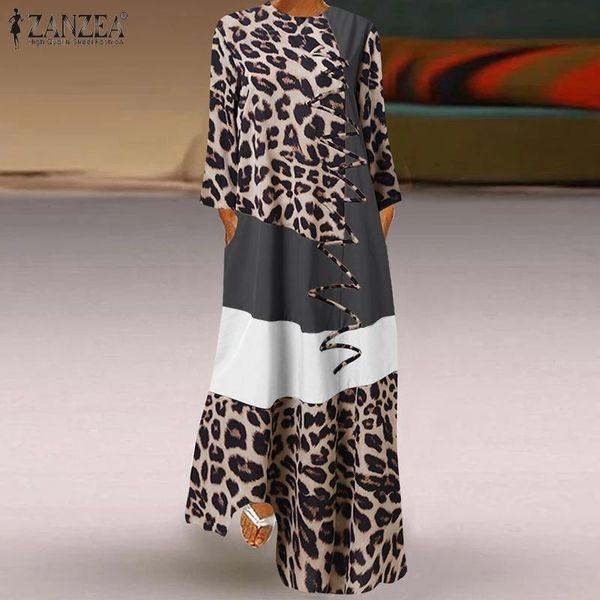 

casual dresses women long sleeve autumn vintage patchwork vestidos loose sundress robe bohemian leopard print maxi dress, Black;gray
