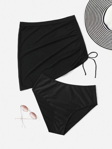 

2pack plus plain high waisted bikini bottom with beach skirt 11vs#, Black