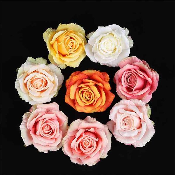 30 pcs 10 cm Flores artificiais Rosas cabeça nupcial casamento decorativo decorativo decoração acessórios DIY presentes Caixa de doces 210706