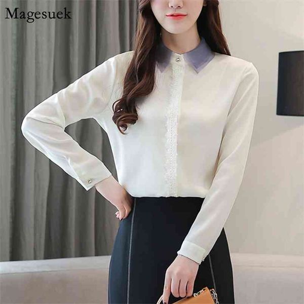 

autumn women and blouse blusas long sleeve lapel lace chiffon blouses slim shirt mesh clothes 10241 210512, White