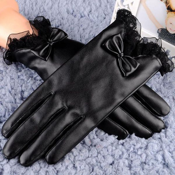 

five fingers gloves women fashion elegant touch screen glove winter female lace warm soft cashmere bow full finger mittens wris, Blue;gray