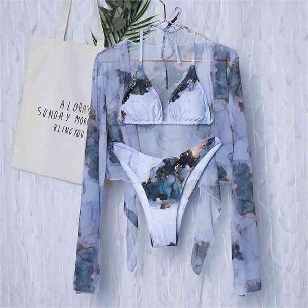 

in-x tie-dye print 3 swimsuit female mesh bikini long sleeve swimwear women knot biquini beach wear bathing suit, White;black