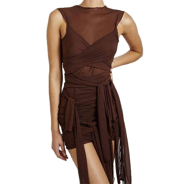 

mesh cross-tie vest dress women spring summer style fashion solid color irregular short dresses female lr1100 210531, Black;gray