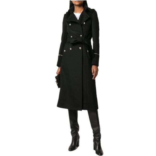 

women's wool & blends 2021 autumn and winter solid color classic double-breasted lace-up slim back split long wild coat woolen, Black