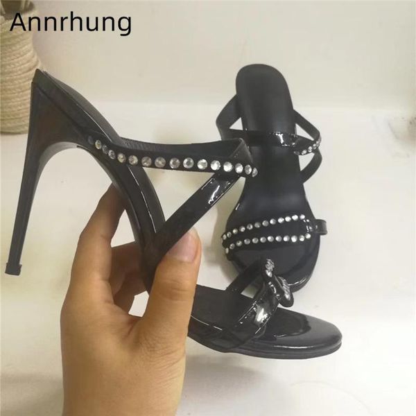 

slippers jeweled narrow band runway women 10cm thin heel open toe black patent leather cut outs summer shoes woman