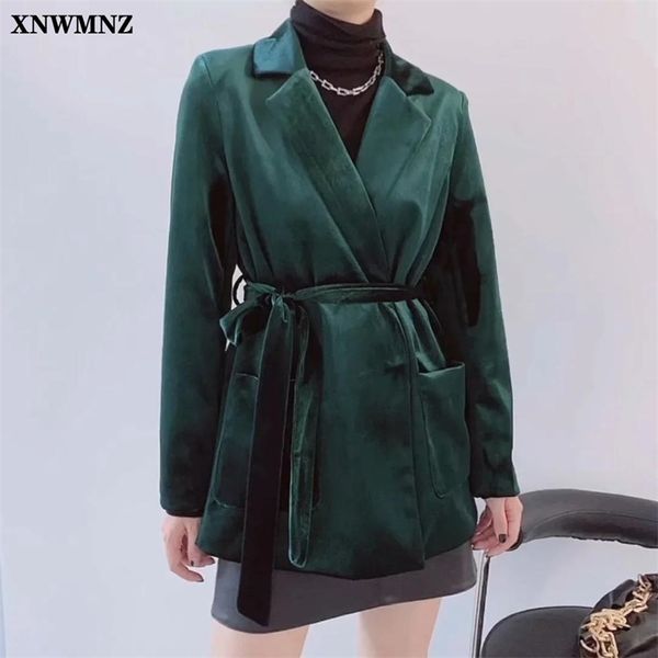 Casaco de cintura de cinto Mulheres moda verde jaquetas de veludo vintage bolsos elegantes design sólido ternos femininos mulheres 210520