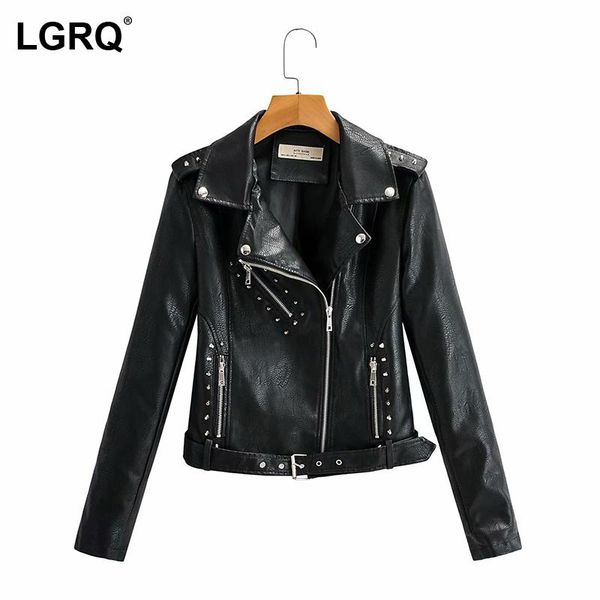 

women's leather & faux [lgqr]metal button biker pu leatherl jacket lapel long sleeve zipper coat fashion tide spring autumn 2021 19d384, Black