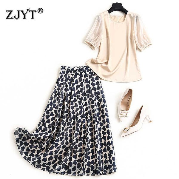

fashion women summer set short sleeve solid and print mid calf skirt suit sets casual outfits 210601, White
