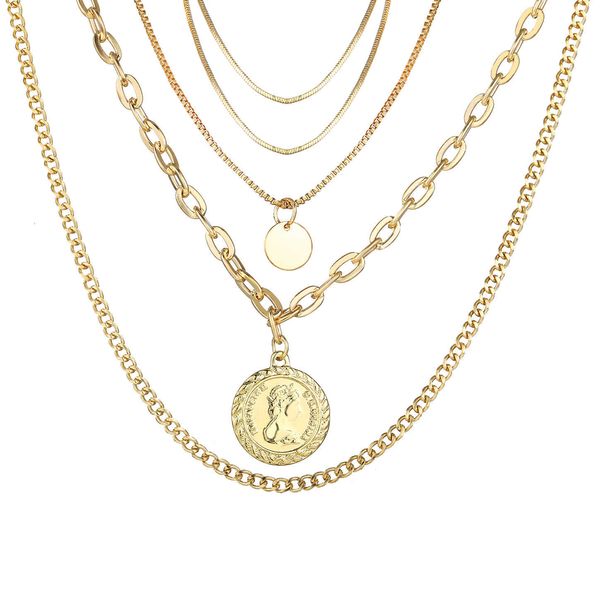 

5438 seal disc multilayer necklace creative personality metal alloy clavicle chain, Silver