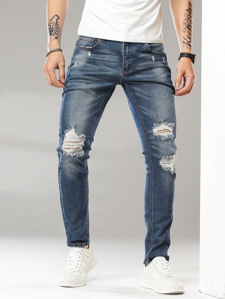 

men slant pocket ripped jeans e2kf#, Blue