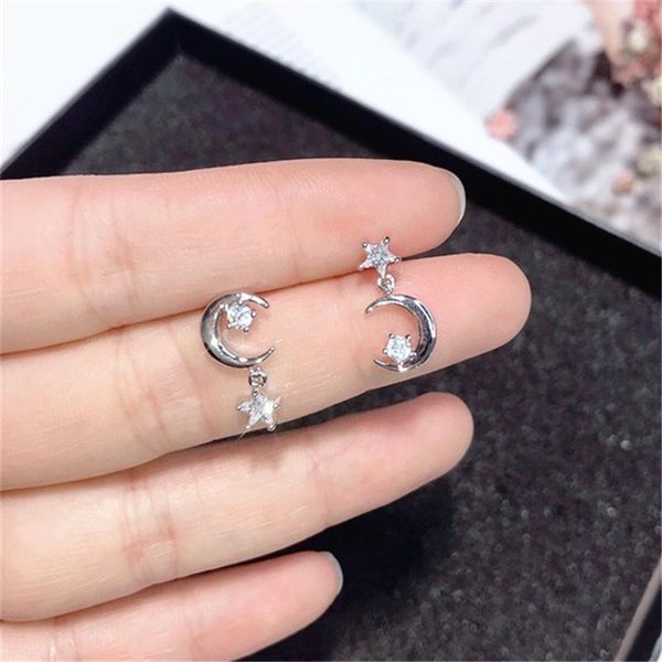 

dangle & chandelier 2021 lovely star moon korean asymmetric boucle d oreille for women party jewelry shiny rhinestone joker eardrop pendient, Silver
