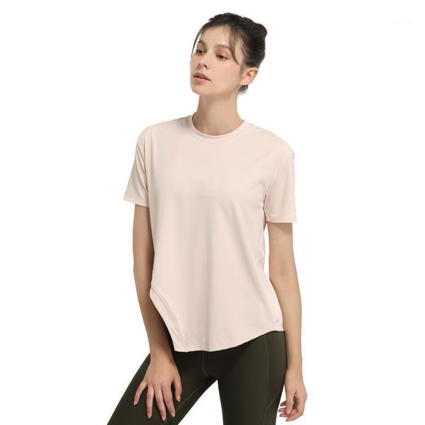 

yoga outfit high elastic asymmetry hem sports crop women's loose fitness running cover tee t shirt short sleeve for women gym