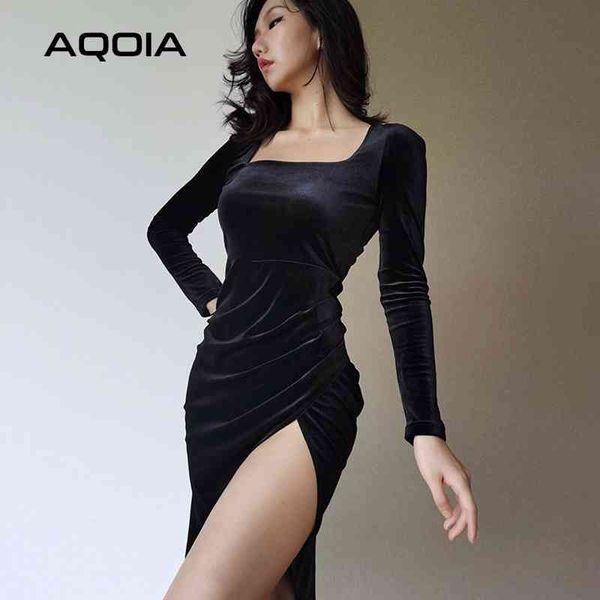 

spring vintage black vlevt women mini dress sheath long sleeve empire ladies es square collar slit party 210521, Black;gray