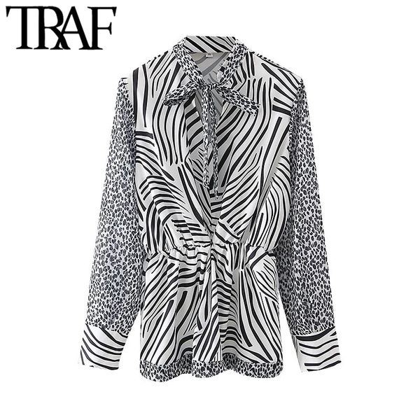 TRAF Moda Donna Con Fiocco Stampa Zebra Camicette Vintage Manica Lunga Modello Animale Camicie Femminili Chic Top 210415