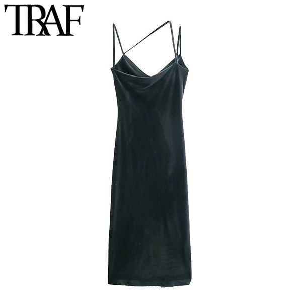 

traf women fashion with draped side slit velvet midi dress vintage back asymmetric thin straps female dresses mujer 210415, Black;gray