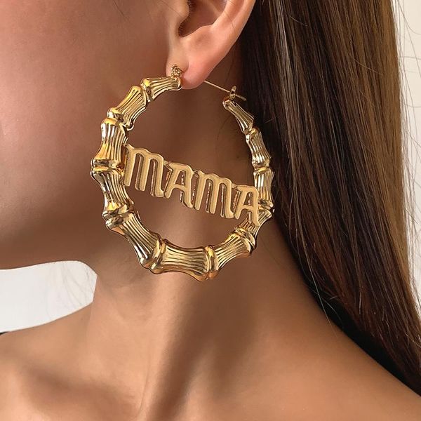 

hoop & huggie ingemark punk metal bamboo big round earring bijoux femme vintage mama letter geometric piercing hiphop ear jewelry, Golden;silver