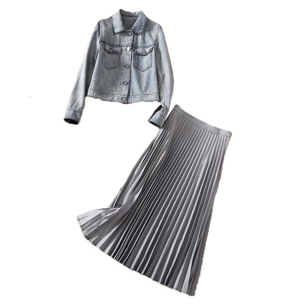 

spring style sleeve pocket single-breasted denim jacket plissado large hem skirt quality, Black