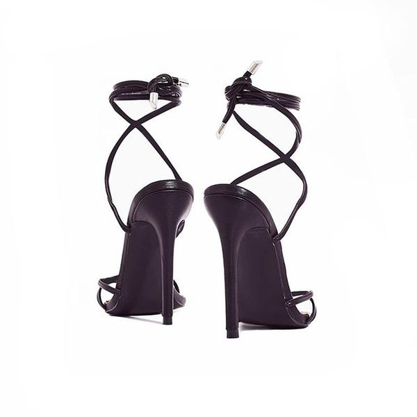 

european and american fashion candy color bright pointed sandals lace up high heels, Black