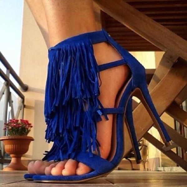 

sandals tassel stiletto cut out fringe day gladiator shoes woman high heel feminine 2021 summer, Black