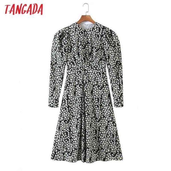 

spring fashion women flowers print tunic zipper puff long sleeve office ladies midi dress sl125 210416, Black;gray