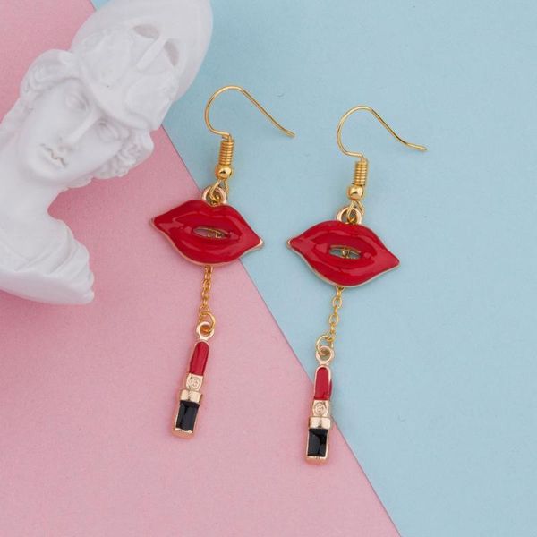 

dangle & chandelier doreenbeads makeup earrings gold color red lipstick lip enamel 60mm(2 3/8") x 19mm( 6/8"), post/ wire size: (2, Silver
