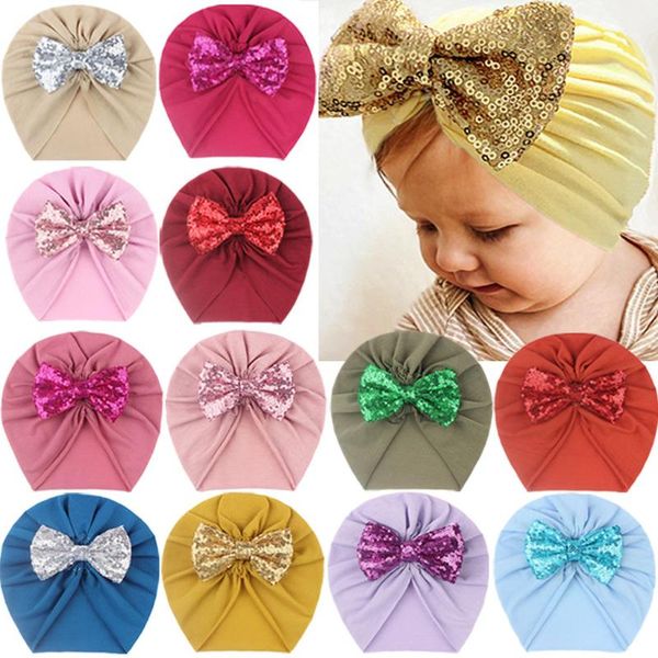 

caps & hats 14 pcs/lot baby headwear accessories wholesale warm born turbans with sequins big bow tie headkerchief, Yellow