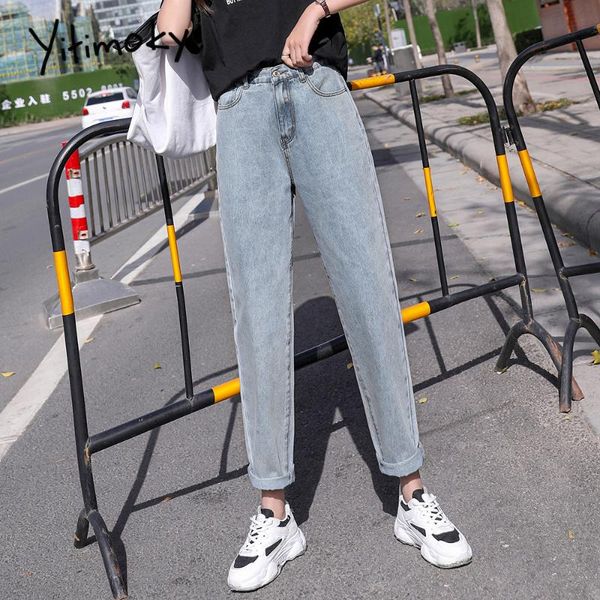 

women's jeans 2021 high waist woman plus size denim pants elastic boyfriend jean for women vintage coated washed cotton harem pant, Blue