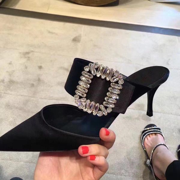 

pointed toe slip on slippers square crystal women black fashion design stiletto thin heels pumps outdoor slides