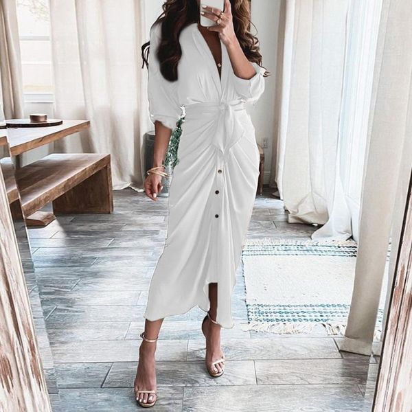 

women's swimwear fashion turn-down collar draped party dresses elegant button office ladies shirt dress women summer short sleeve slit, White;black