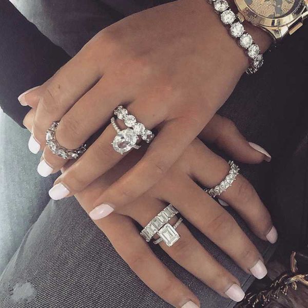 

cluster rings fine jewelry 925 sterling silver pave diamond band ring set luxury cocktail wedding natural white sapphire for women, Golden;silver
