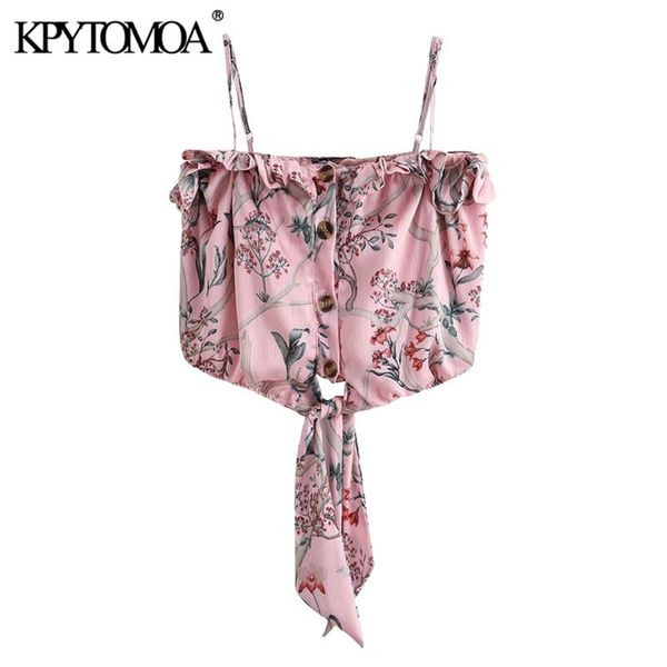 

women fashion floral print ruffled cropped blouses vintage bow tied thin straps female shirts blusa chic 210420, White