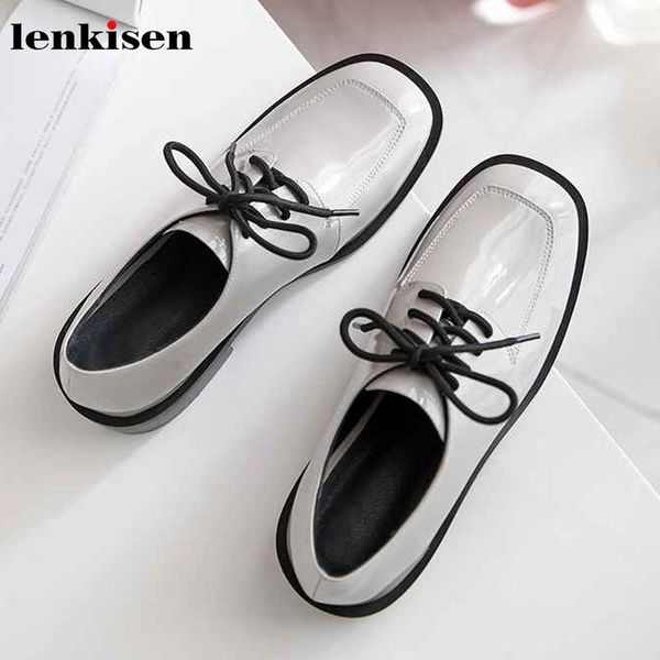 

dress shoes lenkisen korean girl daily wear genuine leather casual square toe med heels women fashion lace up solid simple pumps l55, Black
