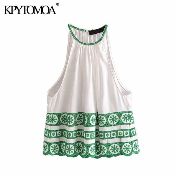

women's blouses & shirts kpytomoa women 2021 fashion hollow out embroidery vintage halter neck sleeveless female blusas chic, White