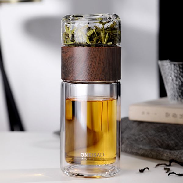 Çift katmanlı tumblers çay-su ayırma cam çay bardağı ile süzgeci taşınabilir