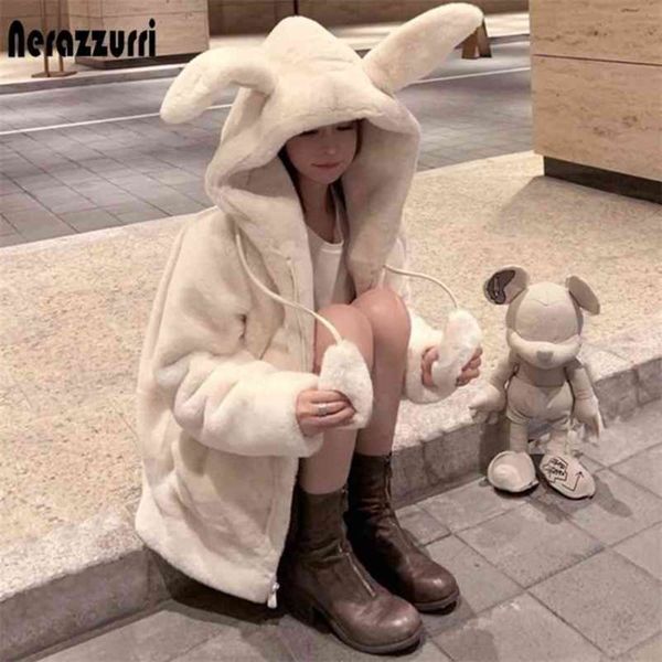

nerazzurri spring fluffy jacket with rabbit ears raglan sleeve zipper oversize light soft harajuku kawaii faux fur hoodie 210925, Black