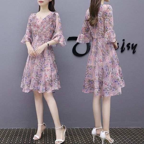 

casual dresses 2021 summer plus size women's v floral print collar cover belly slimming dress ropa mujer talla grande chinese fashion, Black;gray
