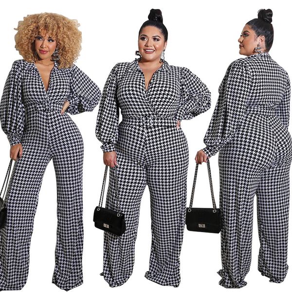 

plus size jumpsuits women lapel one piece romper elegant bird lattice straight trouser jumpsuit with sash wholesale dropshipping, Black;white