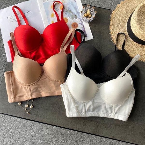 

bras sets women fashion brassiere gathered vest lady sleeveless solid color bustier corset crop r273 em1o, Red;black