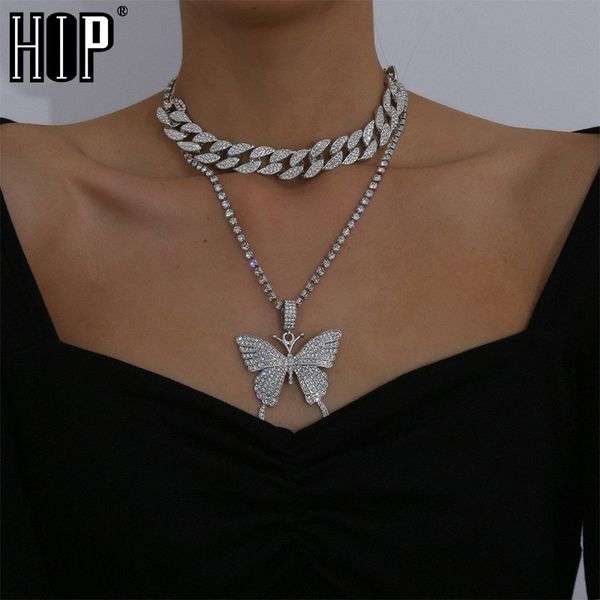 

hip 2pcs kit layered necklace pendants cuban link chain set luxury rhinestones choker for women men jewelry, Silver