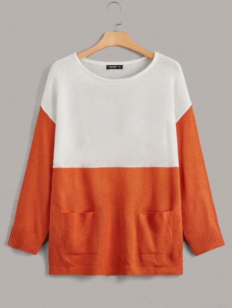 

plus colorblock double pockets drop shoulder sweater a6vd#, Black