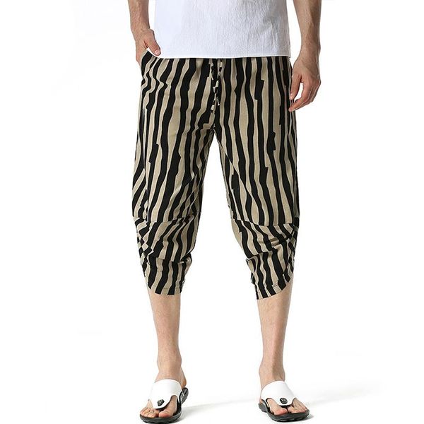 

striped mens trousers linen calf-length print pants men hawaiian baggy harem casual breathable harajuku streetwear men's, Black