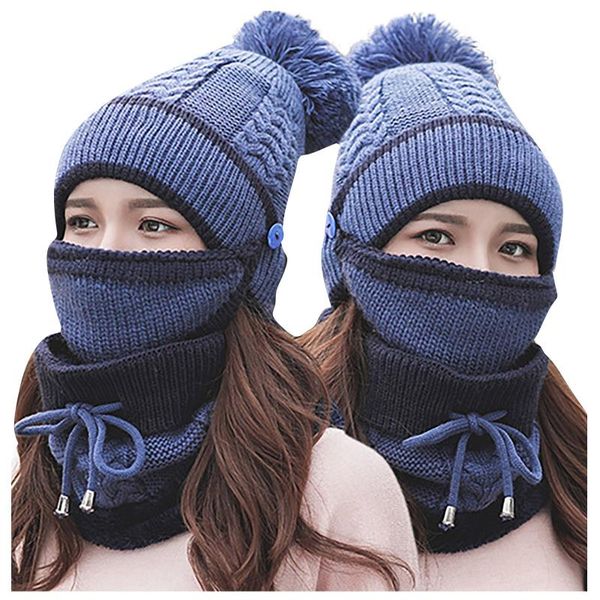 

berets 3pcs winter beanie hats scarf set warm knit hat skull cap neck warmer with thick fleece lined and for women, Blue;gray