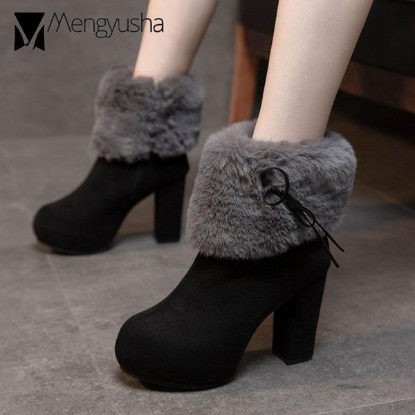 

boots 10cm high heels ankle women fashion fur around winter booties 2021 warm plush padded platform snow for, Black