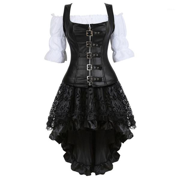 

bustiers & corsets plus size 6xl steampunk corset dress for women three-piece leather with skirt and renaissance shirt gothic pirate costume, Black;white