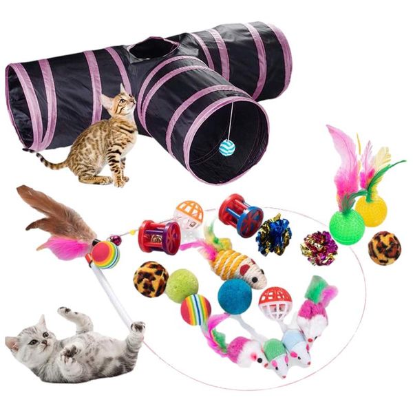 

cat toys pet kit collapsible tunnel dog toy fun channel feather balls mice shape kitten cats interactive play pets supplies