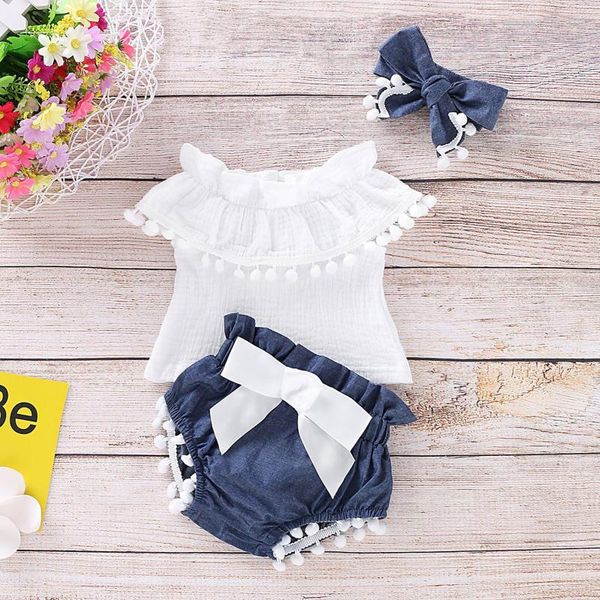 

jumpsuits children clothes baby girls clothing born girl sleeveless tassels +shorts+headband cotton set outfit 3pcs, Blue