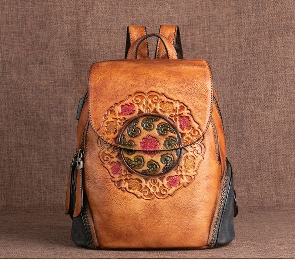 

Retro Genuine Leather Backpack Women Bag 2021 Winter Handmade Embossing Floral Large Capacity Bagpack Female Vintage Backpacks, Blue;pink
