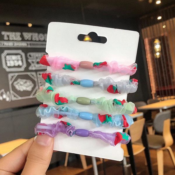 

5-piece children's small intestine hairband cute candy color hair cord elastic tie ponytail rubber band headdress accessories, Slivery;white